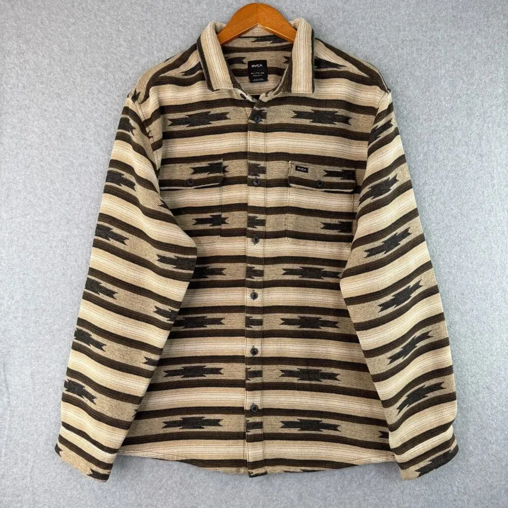 RVCA Blanket Long Sleeve Flannel Shirt in Khaki Geometric Aztec Stripped 2XL